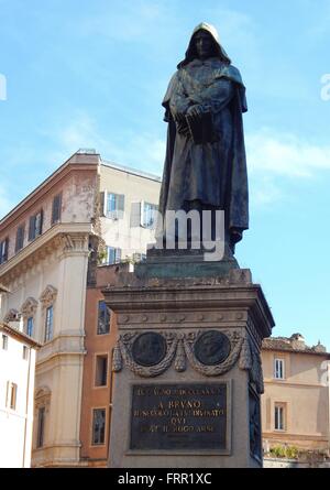 The Statue of philosopher Giordano Bruno (1548 - 1600), created by Ettore Ferrari, was erected at Campo de Fiori in Rome, Italy, in 1889. The monument to Bruno is in the place he was executed in February 1600. Stock Photo