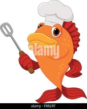 Cartoon chef fish holding a kitchen spatula Stock Vector