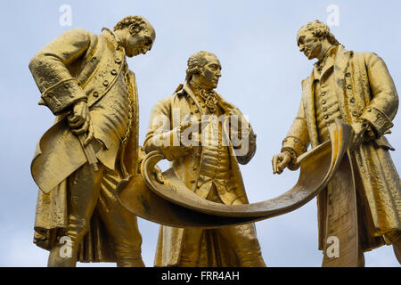 Statue of Matthew Boulton, James Watt and William Murdoch in Centenary Square, Birmingham, West Midlands, England, UK Stock Photo