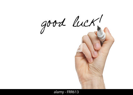 Hand writing good luck on whiteboard isolated on white Stock Photo