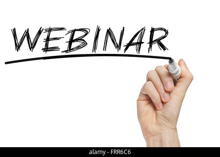Hand writing Webinar with black marker on transparent wipe board Stock Photo