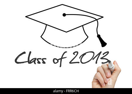 Conceptual Class of 2013 statement written on whiteboard and graduation cap Stock Photo