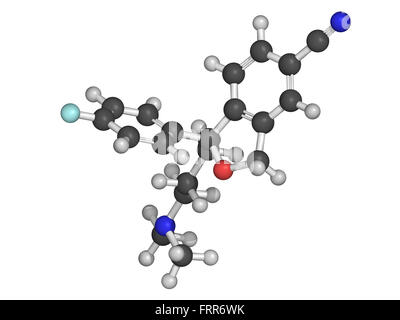 Escitalopram antidepressant drug (SSRI class), chemical structure, selective serotonin reuptake inhibitor Stock Photo