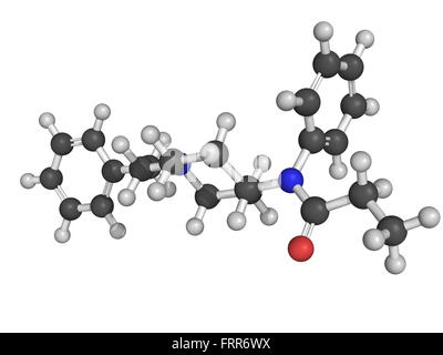 Fentanyl (fentanil) opioid analgesic drug, chemical structure. Conventional  skeletal formula and stylized representation, showing atoms (except  hydrogen) as color coded circles.