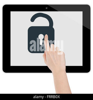 Female hands touching tablet PC with unlocked lock on white background Stock Photo