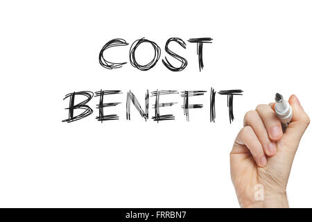 Hand writing cost benefit on a white board Stock Photo