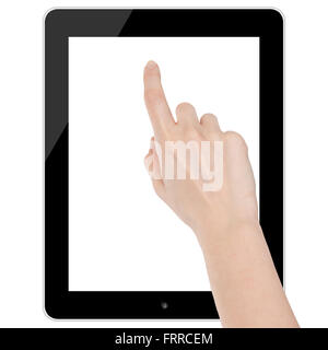 Female hand touching a tablet computer blank isolated on white Stock Photo