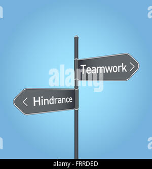 Teamwork vs hindrance choice concept road sign on blue background Stock Photo
