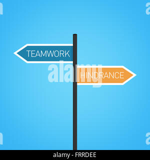 Teamwork vs hindrance choice road sign concept, flat design Stock Photo