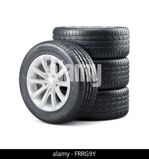 3d rendering of new unused car tires with rims isolated on white background Stock Photo