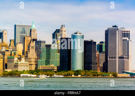Battery Park, Lower Manhattan, New York city, USA, viewed from Upper Bay harbor Stock Photo