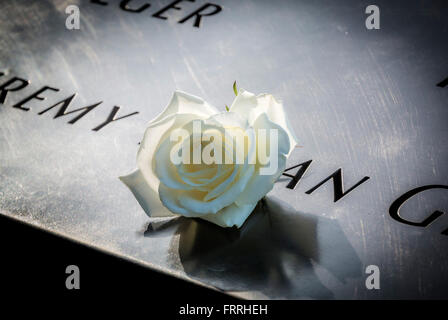 Single rose on engraved names of victims at the 9/11 memorial, New York, USA Stock Photo
