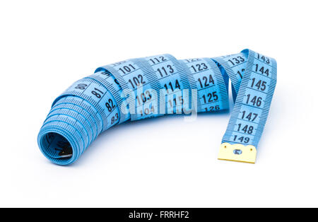 Closeup view of blue measuring tape isolated over white background Stock Photo