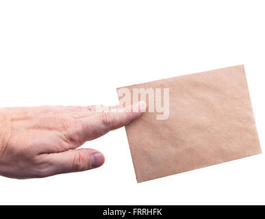 hand holding envelopes with letters on the white background isolated Stock Photo