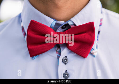 Man in blue shirt and red bow-tie. Stock Photo
