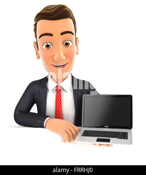 3d businessman behind wall holding laptop, isolated white background Stock Photo