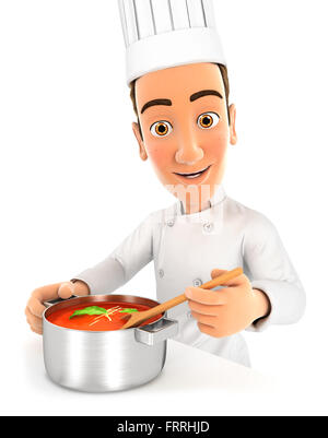 3d head chef cooking soup, isolated white background Stock Photo