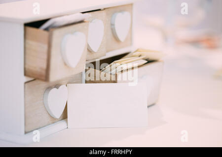 White Vintage Decorative Wooden Box Casket for Visiting Cards with Paper Empty, Blank Visiting Card Stock Photo