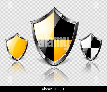Set of steel shields on transparent background Stock Vector