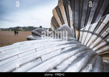 Detail of Maggi Hambling's steel sculpture titled Scallop - a tribute to Benjamin Britten, Aldeburgh beach, Suffolk, UK Stock Photo