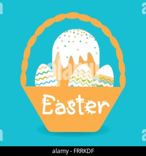 Easter Basket Cake Decorated Eggs Set Traditional Food Happy Holiday Greeting Card Stock Vector