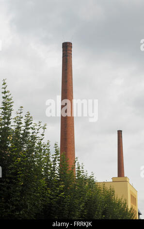 chimneys of Pilsner Brewery, Pilsner Urquell, Pilsen, Plzen, Bohemia, Czech Republic Stock Photo
