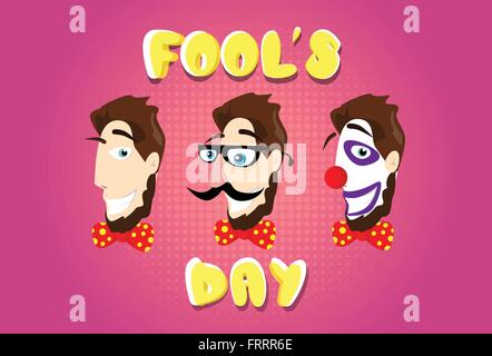 Man Head Fake Mustache Glasses Bow Tie Clown Make Up First April Fool Day Stock Vector