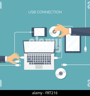 Vector illustration. Usb connection. Computer, tablet, smartphone. Cable. Stock Vector
