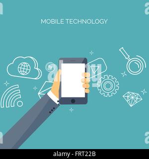 Vector illustration. Flat backgrounds set. Data transfer. Cloud computing, mobile technology. Internet, network. Stock Vector