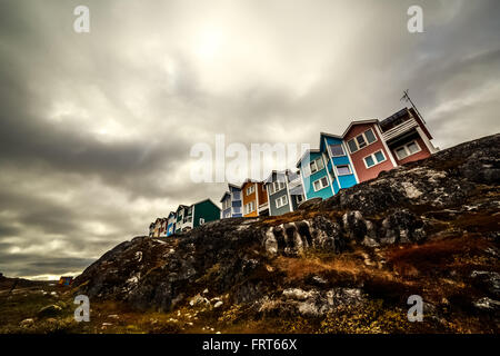 Modern colorful Inuit houses in Arctic capital Nuuk city, Greenland Stock Photo