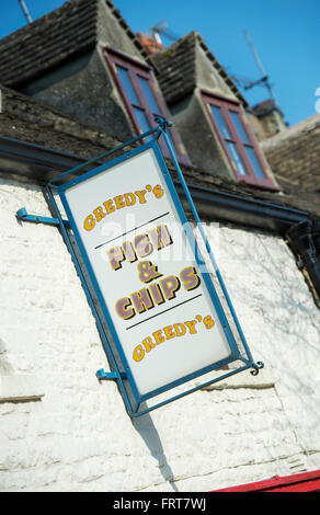 Greedys fish and chips shop sign in Stow on the Wold, Cotswolds, Gloucestershire, England Stock Photo