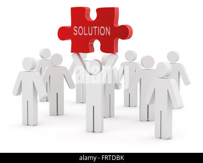 3d white people and red solution puzzle , This is a computer generated and 3d rendered picture. Stock Photo