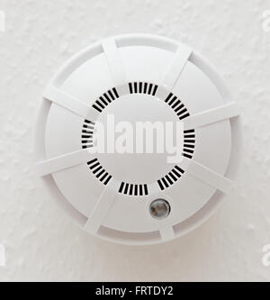 White smoke detector on ceiling in closeup