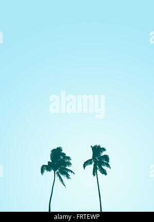 Retro Style Design Of Two Isolated Palm Trees Silhouettes Against A Pale Blue Sky With Copy Space Stock Photo