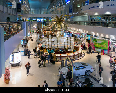 Shopping center in hall of terminal of Dubai International Airport, United Arab Emirates Stock Photo