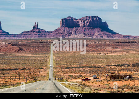 View of Monument Valley from scenic highway US 163 at the border of Utah and Arizona. Stock Photo