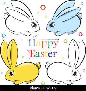 Happy Easter. Vector set of rabbits. Contour and painted Stock Vector