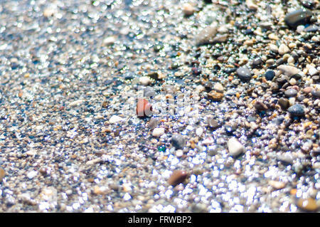 Beautiful beach and shells pebbles on Black Sea with lens bokeh Stock Photo