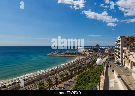 View of the front sea of the city of Tarragona, train station and railway, Stock Photo