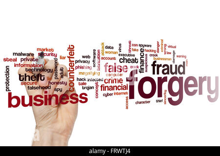 Forgery word cloud concept with fraud false related tags Stock Photo