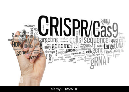 Hand writing CRISPR/Cas9 system for editing, regulating and targeting genomes (biotechnology and genetic engineering) word cloud Stock Photo
