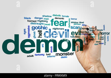 Demon word cloud concept with evil fear related tags Stock Photo