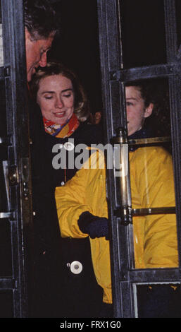 Ann Arbor, Michigan, October,  1992 Hillary Clinton, Governor Bill Clinton and their daughter Chelsea wait behind a door before coming out in the cold during a campaign stop at the University of Michigan at Ann Arbor.  Credit: Mark Reinstein Stock Photo