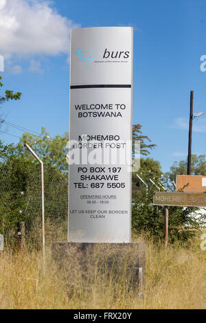 Welcome to Botswana sign at the Mohembo border post with Namibia, near the northern shore of the Okavango Panhandle. Stock Photo