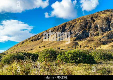 Moais quarry at Rano Raraku in Rapa Nui National Park on Easter Island, Chile Stock Photo