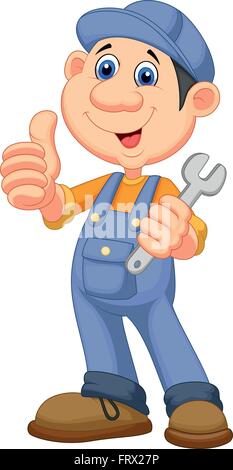 Cute mechanic cartoon holding wrench and giving thumbs up Stock Vector