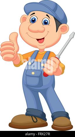 Cute mechanic cartoon holding a screwdriver and giving thumbs up Stock Vector