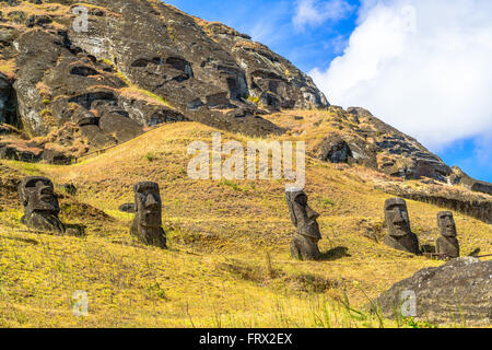 Moai at the Rano Raraku Quarry in Easter Island, Chile Stock Photo