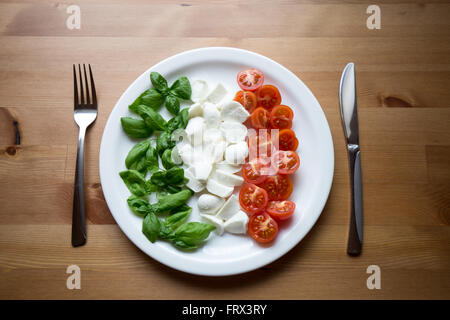 Italy on a plate. Best Italian ingredients: Basil, mozzarella and cherry tomatoes, representing also the colors of Italy's flag. Stock Photo