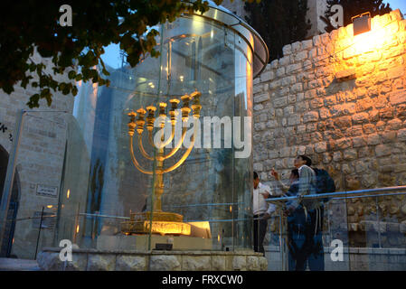 Golden Menora in the jewish quarter of the old town, Jerusalem, Israel Stock Photo